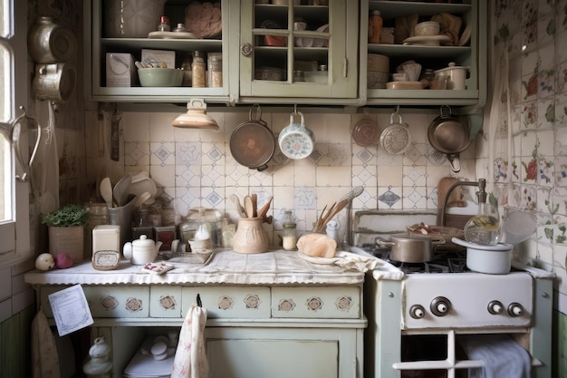 Shabby chique keuken met verweerde kasten, handbeschilderde keramische tegels en vintage accessoires