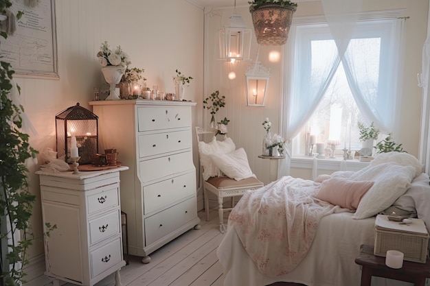 Shabby chique slaapkamer met gezellig bed vintage dressoir en lantaarn