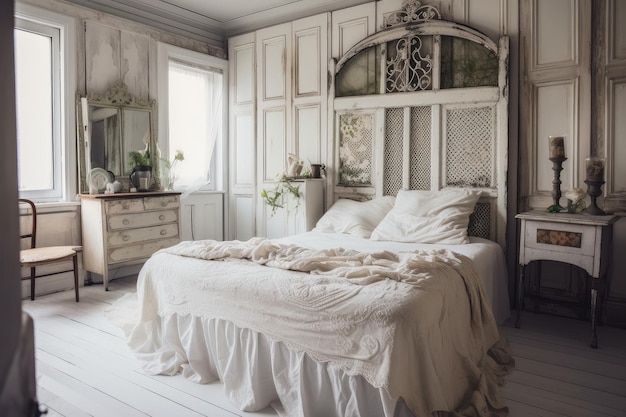 Shabby chique slaapkamer met ingewikkeld hoofdeinde en vintage dressoir