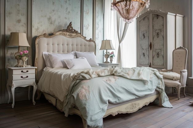 Shabby chique slaapkamer met vintage bed en gestoffeerd hoofdeinde