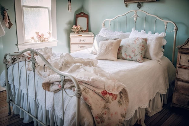 Shabby chique slaapkamer met vintage bedframe en pluche dekbed