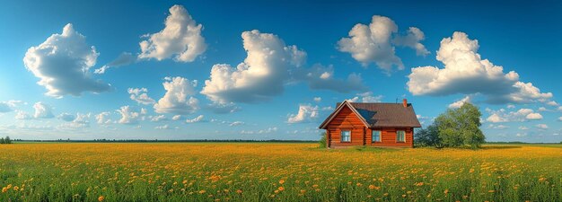 shabby eenzame houten huisje op een zomer heuvel bedekt met weelderig gras onder een prachtige cumulus wolkenhemel