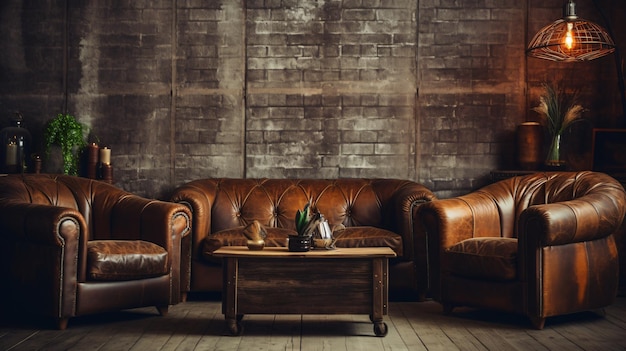 Shabby leather brown sofa and two retro chair