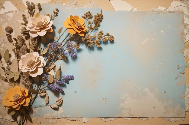 Shabby Paper Background with Dry Grass Dried Flowers and Feathers