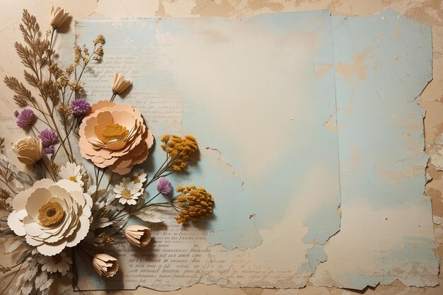 Shabby Paper Background with Dry Grass Dried Flowers and Feathers