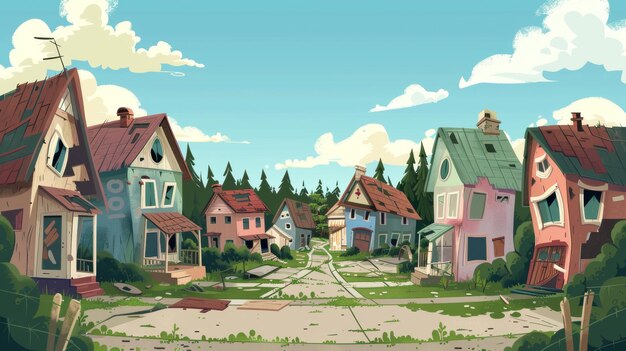 Shabby suburban houses with broken glass in windows boarded doors cracked roofs poor town fir trees on green hills blue sky and abandoned village street Modern cartoon illustration of shabby