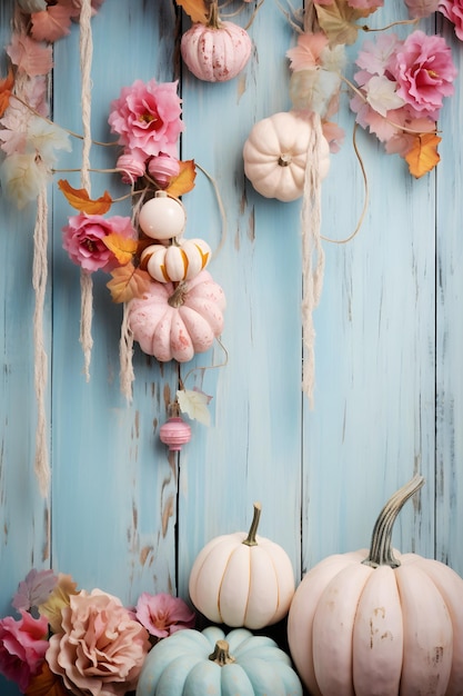 shabby wood pumpkins background image flat lay barbiecore pink and pastel blue palette