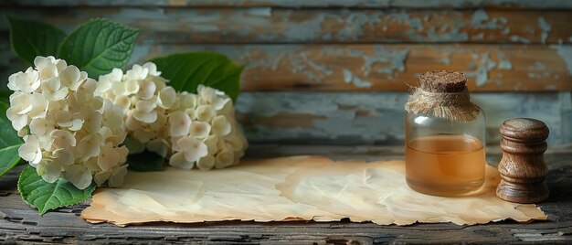 Photo a shabby wooden plank background with hydrangeas and old paper with sealing wax