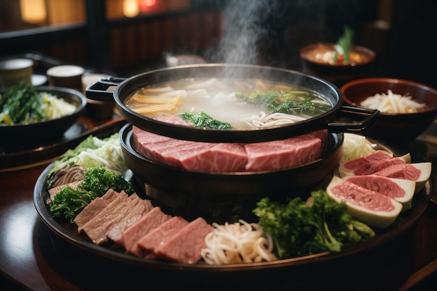 Shabu shabu and sukiyaki in hot pot at restaurant ar c