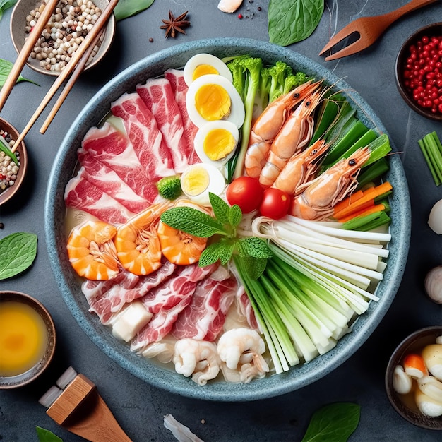 사진 샤부 수키야키는 식탁에 음식으로 둘러싸인 고기, 돼지, 해산물을 가지고 있습니다.