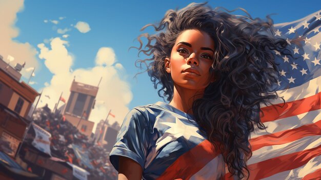 Shaded closeup illustration of cute girl next to US flag looking up and singing national anthem