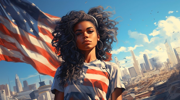 Затененная крупная иллюстрация милой девушки рядом с флагом США, смотрящей вверх и поющая национальный гимн