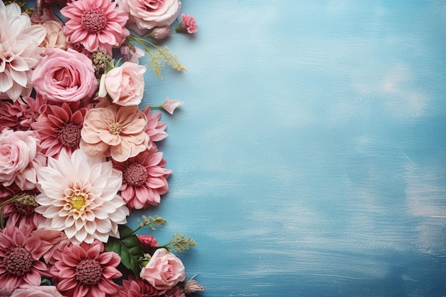 Photo shades of pink flowers on blue table