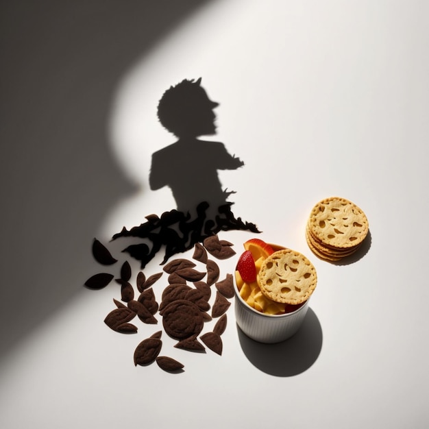 A shadow of a boy and two cookies with the word biscuits on the side