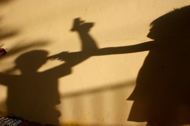 Photo shadow of children playing with toy gun on wall