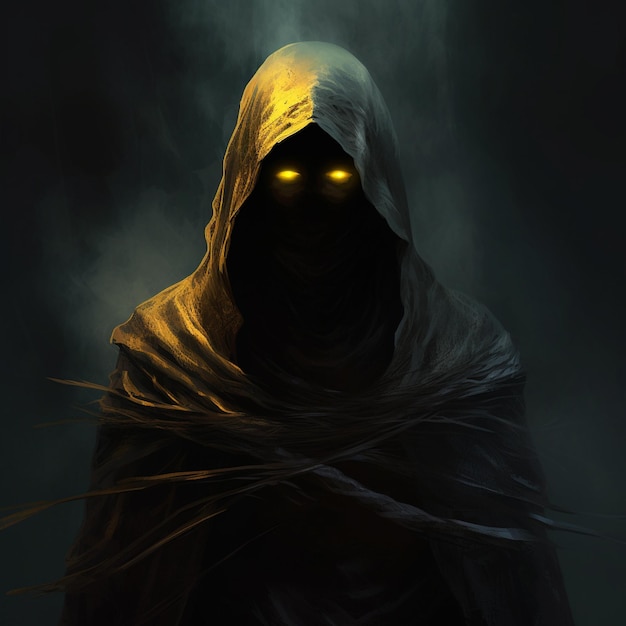 A shadow in the form of a person composed of pure darkness except for hot glowing yellow eyes