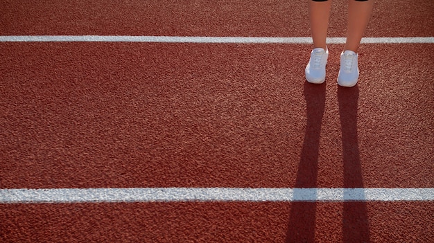 Shadow from legs on red court. close up of female runner in\
black legging and w sneakers spending morning time at local\
stadium. female sporty model. concept of sport activity.