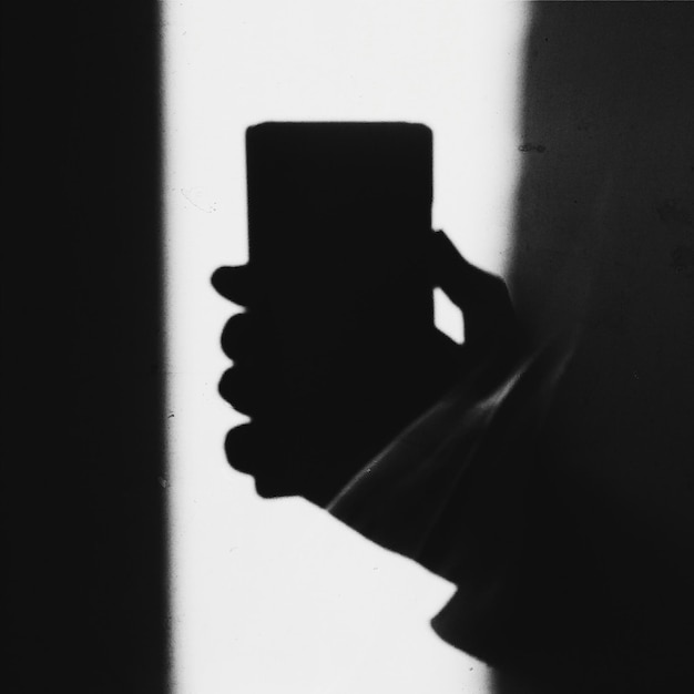 Shadow of hand holding mobile phone on wall