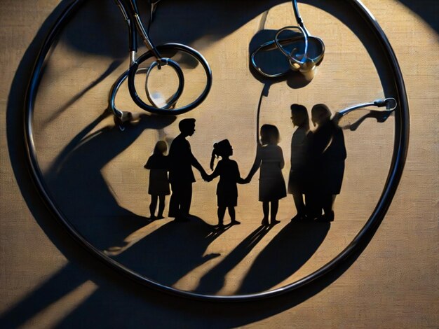 The shadow of a happy family can be seen in the wire of the stethoscope