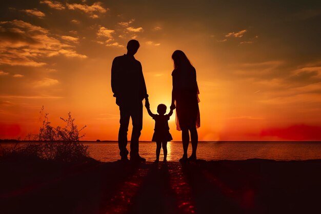 Тень счастливой семьи вместе, родители с маленьким ребенком на закате. Силуэт любви и единства. Генеративный искусственный интеллект.