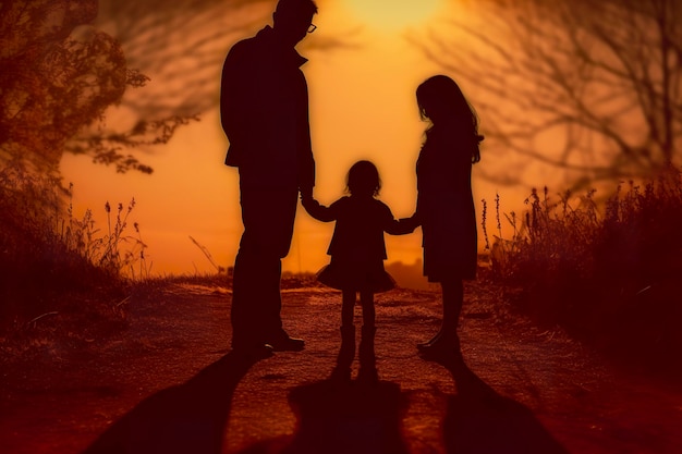 Shadow of happy family together parents with their little baby at sunset a silhouette of love and unity ai generative