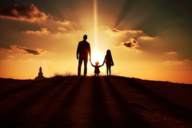 Shadow of happy family together parents with their little baby at sunset a silhouette of love and unity