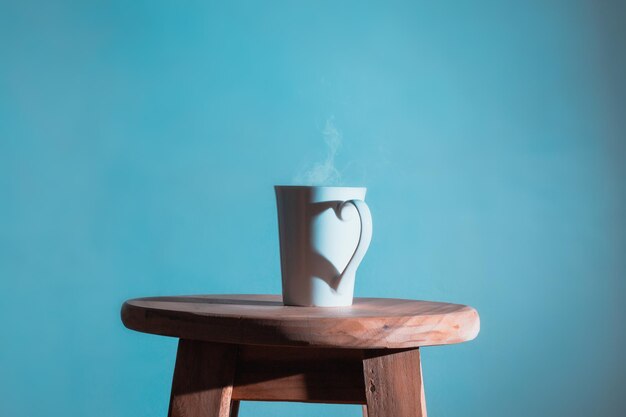 Shadow heart shape of love with coffee cup on sweet blue color