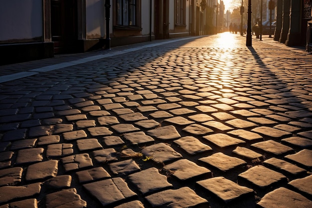 Shadow and light pattern on a cobblestone street from wrought iron gates