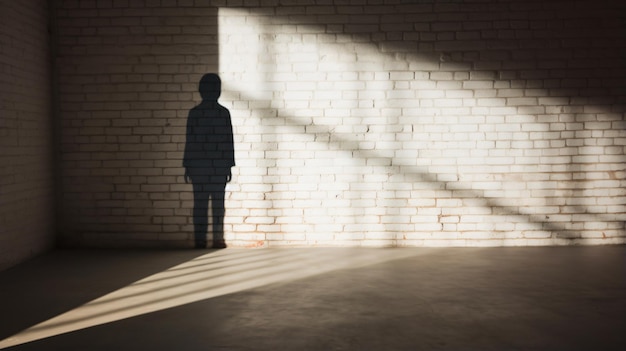 Shadow of a man on white brick wall and wooden floor