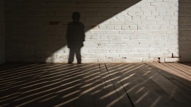 Shadow of a man on white brick wall and wooden floor