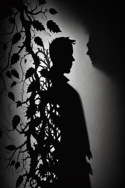A shadow of a man with leaves on it