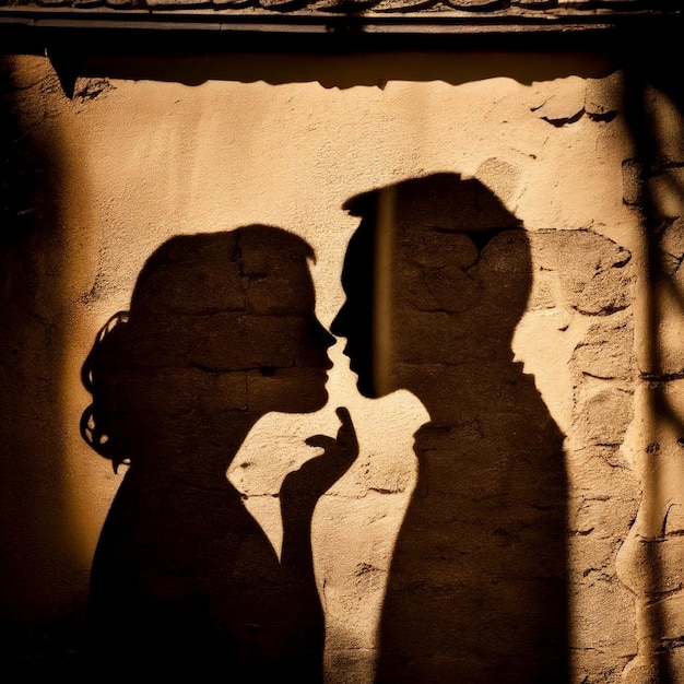 Photo the shadow of a man and a woman on a brick wall. man and woman kiss, love.