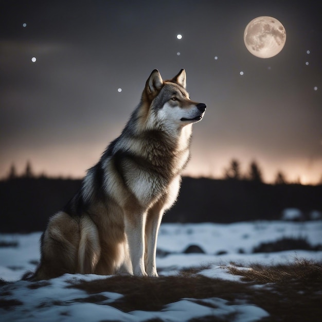 月の影で 麗な狼が静かな丘に座って 輝く月球を見つめている