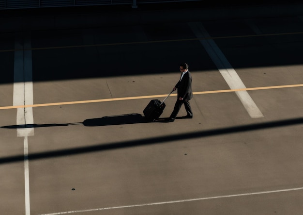 写真 暗い駐車場で荷物を持って歩いているビジネスマンの影