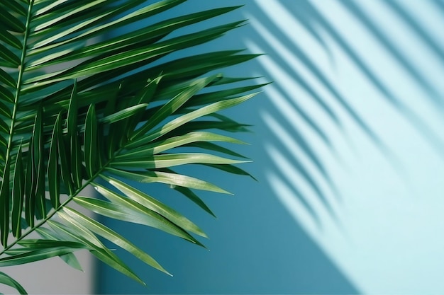 Shadow of palm leaves on blue wall abstract backdrop for product display