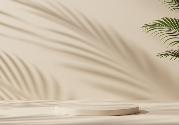 shadow of palm leaves cast on a soft beige wall with podium creating a warm fresh aestetic