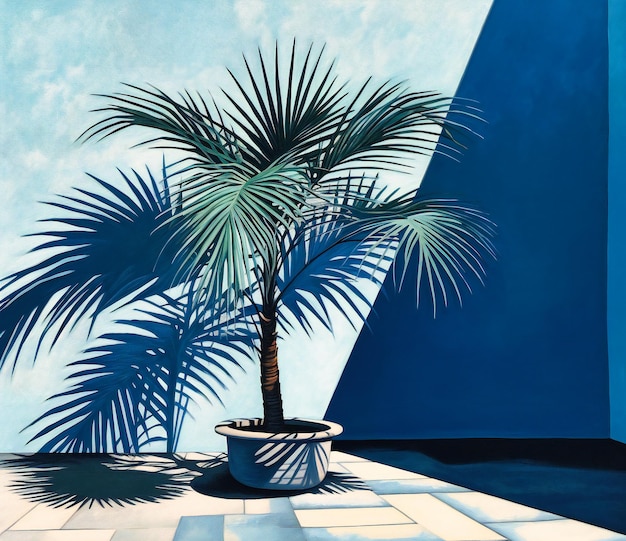 Shadow of a palm tree off a blue wall