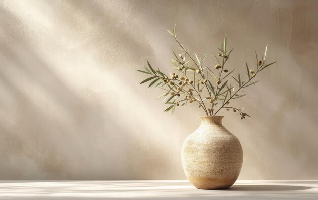 Shadow Patterns from Olive Branch in Ceramic Vase on Textured Wall