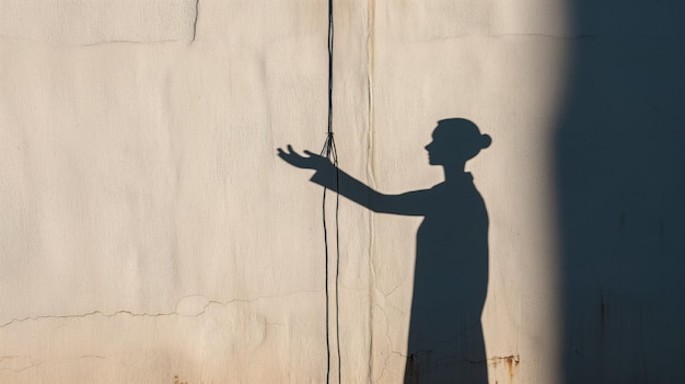 Shadow of a person gesturing against a textured wall