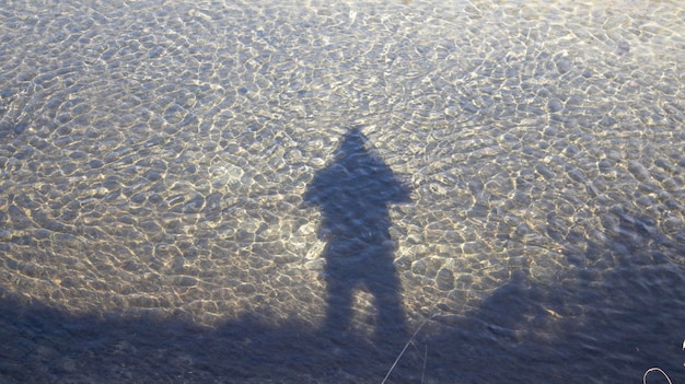 A shadow of a person in the water