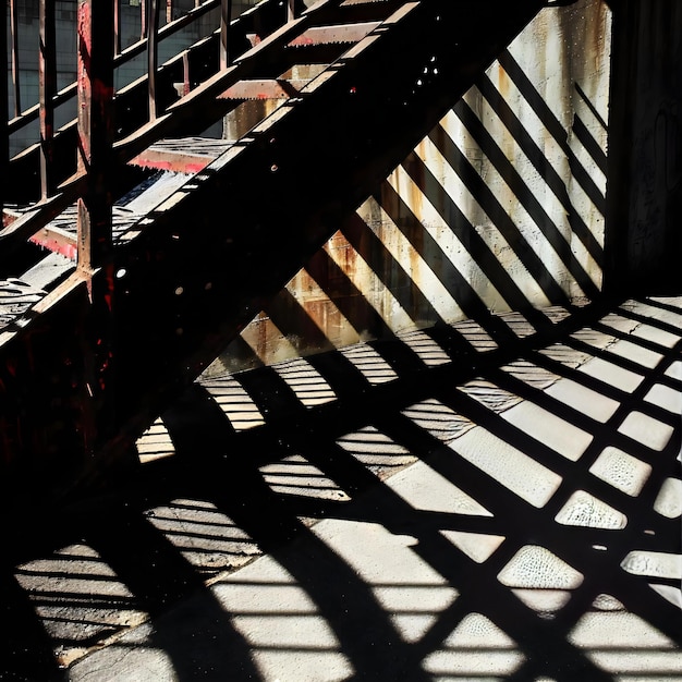 the shadow of a railing on the ground