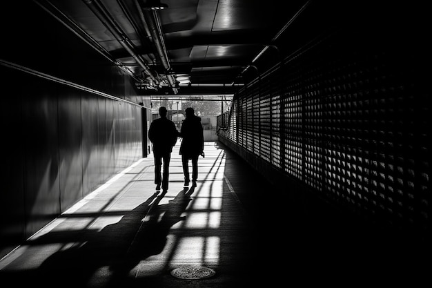 Shadow silhouette Two men walking in subway walkway passage in high contrast black and white