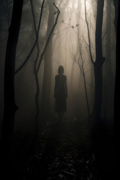 Foto silhouette ombra di una donna in una foresta coperta di nebbia che evoca sentimenti di suspense