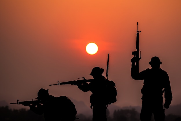 The shadow soldiers on the battlefield patrolling at sunset