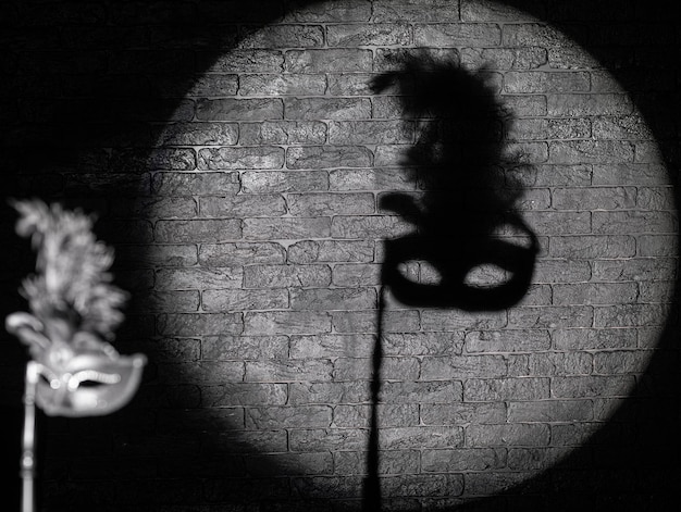Photo shadow of theatrical mask on black background