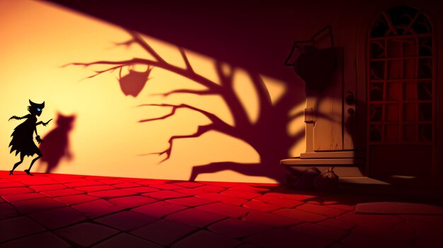 Shadow of tree on wall next to red tiled floor