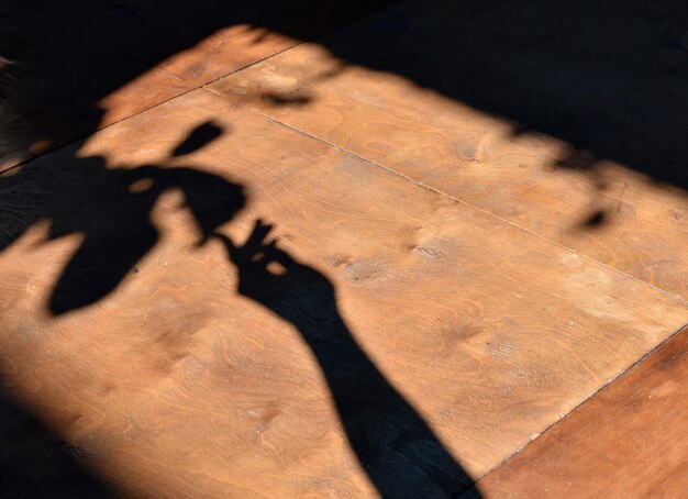 Foto ombra di mano di donna sul legno