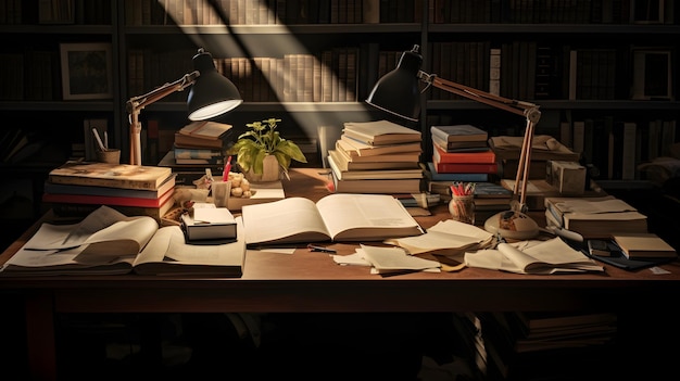 Shadows dance on a desk covered in textbooks