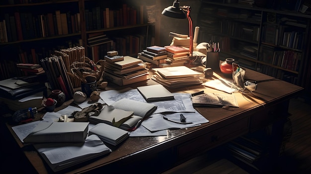 Shadows dance on a desk covered in textbooks