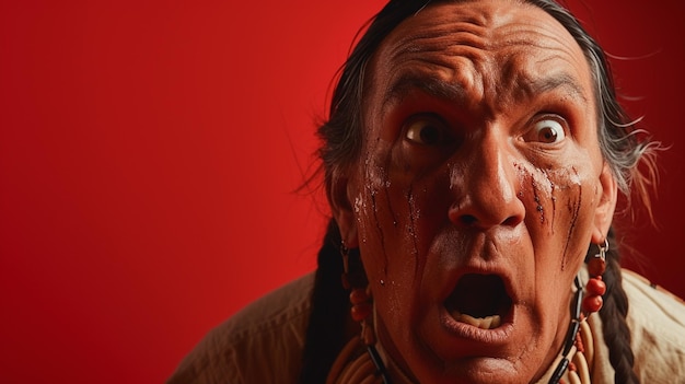 Shadows of Dread Native American Man Conveying Fear and Anxiety Isolated Against Solid Background with Copy Space